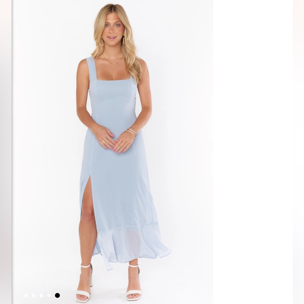 Show Me Your Mumu Claire Midi Dress ~ Steel Blue Chiffon